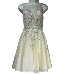 jvn by jovani crystal embellished nude white lace mini dress Size 2